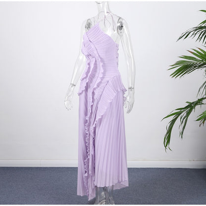 Summer Women's New Fashion Elegant Socialite Ruffled Pleated Halter Neck Strap Dress Long Dress for Women