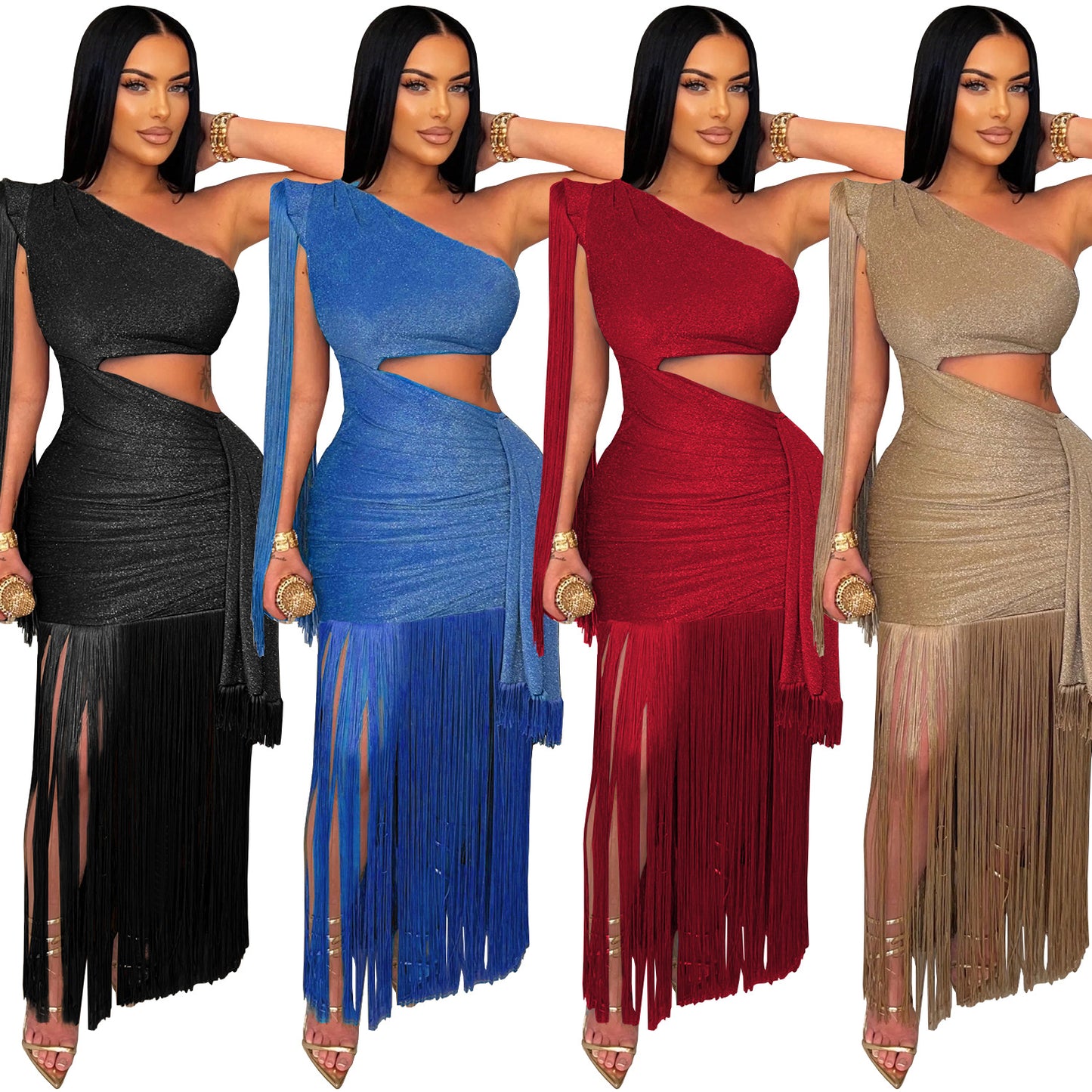 European and American Fashion Women's Sexy Casual One-Shoulder Tassel Long Dress
