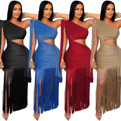European and American Fashion Women's Sexy Casual One-Shoulder Tassel Long Dress