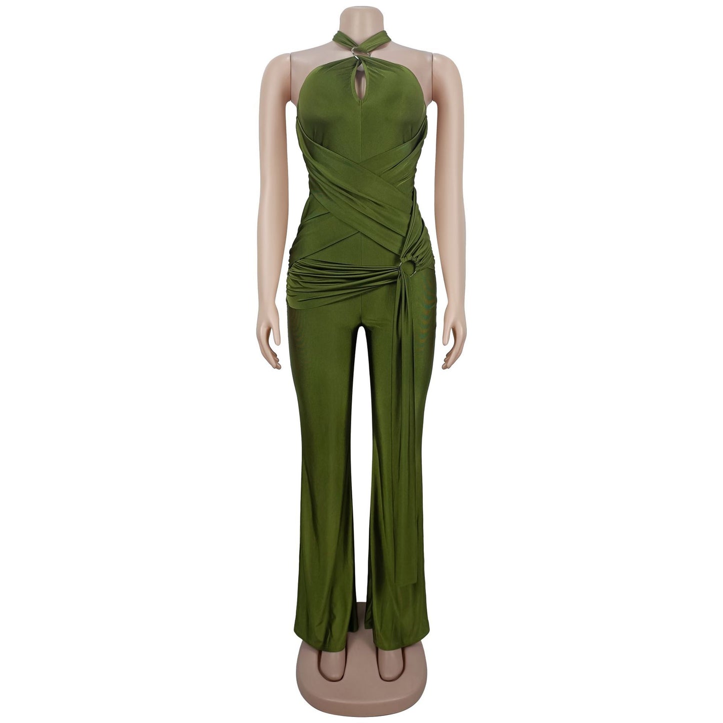 European and American Fashion Women's Solid Color Elegant Halter Neck Wide Leg Arm-Hugging Jumpsuit