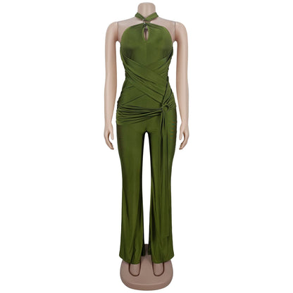 European and American Fashion Women's Solid Color Elegant Halter Neck Wide Leg Arm-Hugging Jumpsuit