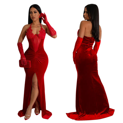 Fashion Women's Solid Color Halter Neck Slit Sexy Long Dress
