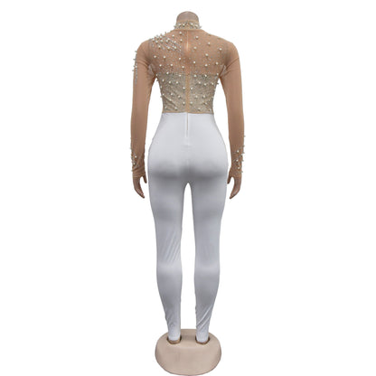 European and American Fashion Women's Solid Color Mesh Rhinestone Long Sleeve Long Pants Jumpsuit