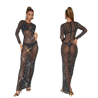 European and American Fashion Women's Solid Color Mesh Rhinestone Long Sleeve Long Dress
