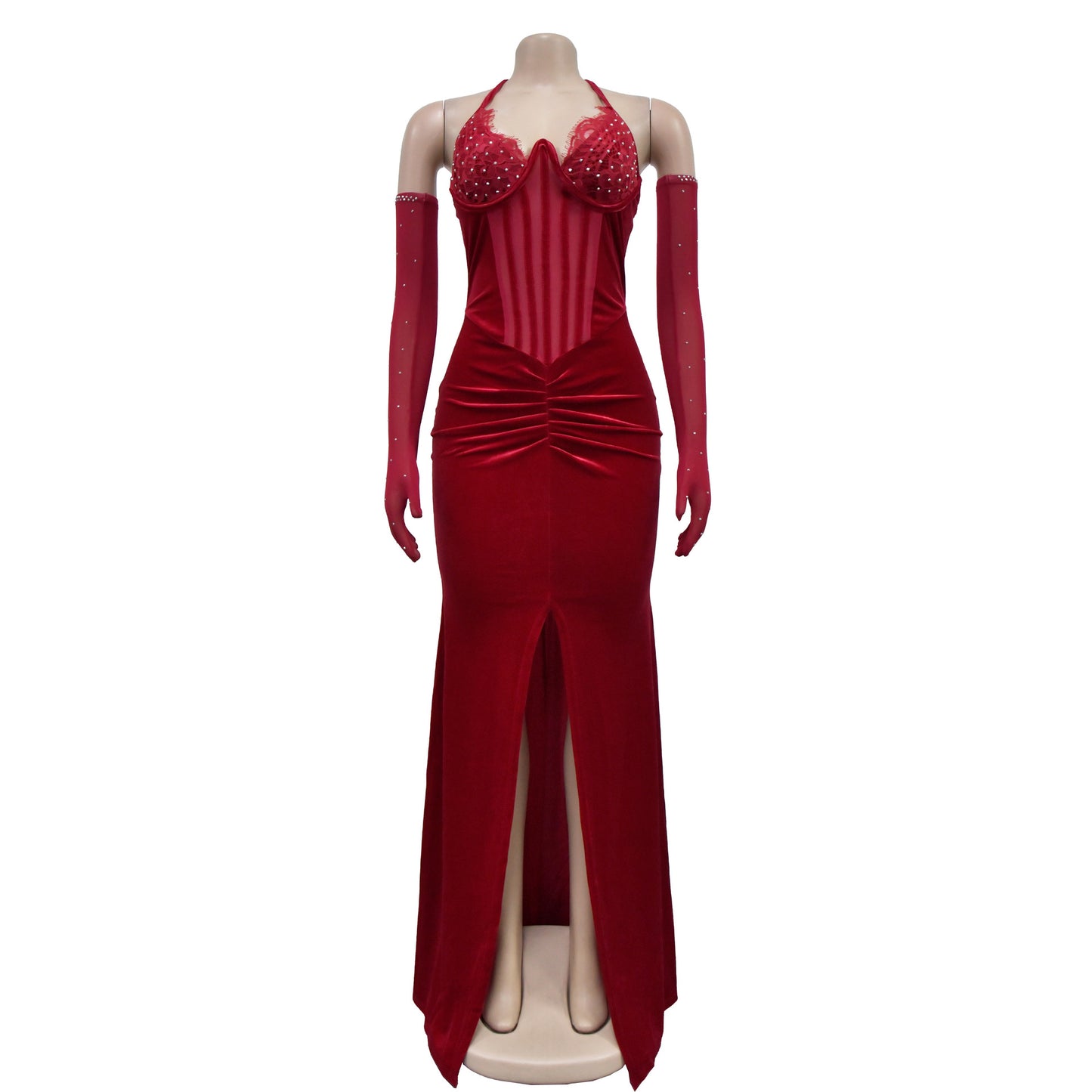 Fashion Women's Solid Color Halter Neck Slit Sexy Long Dress