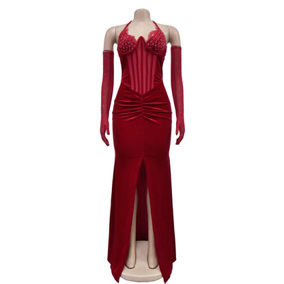 Fashion Women's Solid Color Halter Neck Slit Sexy Long Dress