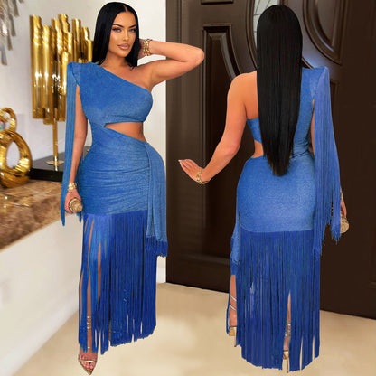 European and American Fashion Women's Sexy Casual One-Shoulder Tassel Long Dress