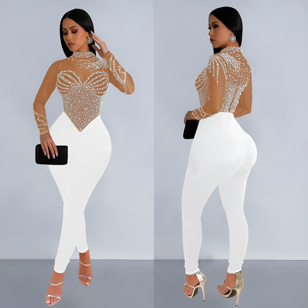European and American Fashion Women's Solid Color Mesh Rhinestone Long Sleeve Long Pants Jumpsuit