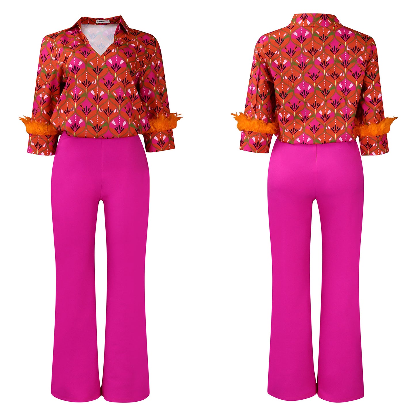 Printed Long Sleeve Shirt Elegant Wide Leg Pants Fashion Set