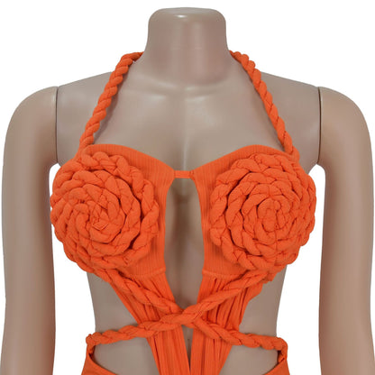 Fashion Women's Sexy Knitted Halter Backless Solid Color Dress