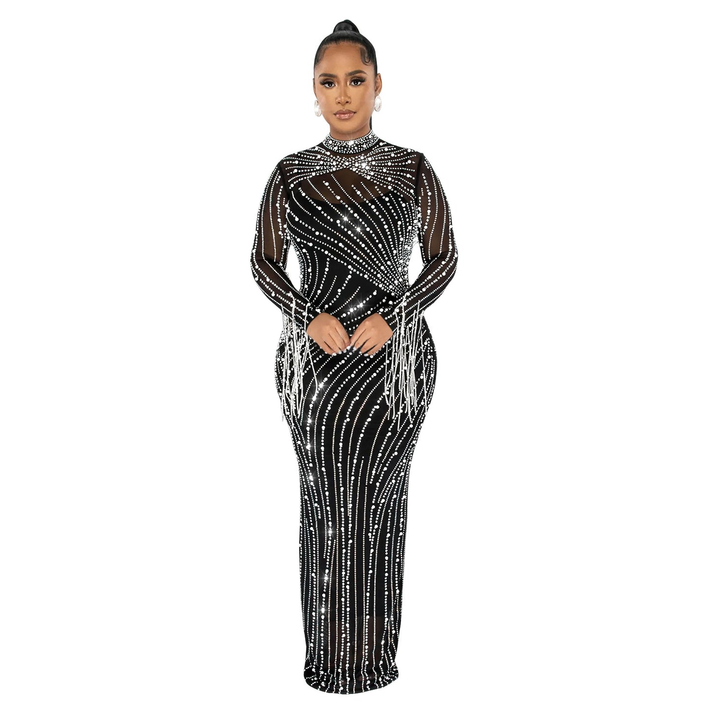 European and American Fashion Women's Clothing Mesh See-through Rhinestone Long Sleeve Long Dress Lined Two-piece Set