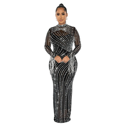 European and American Fashion Women's Clothing Mesh See-through Rhinestone Long Sleeve Long Dress Lined Two-piece Set