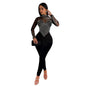 European and American Fashion Women's Solid Color Mesh Rhinestone Long Sleeve Long Pants Jumpsuit