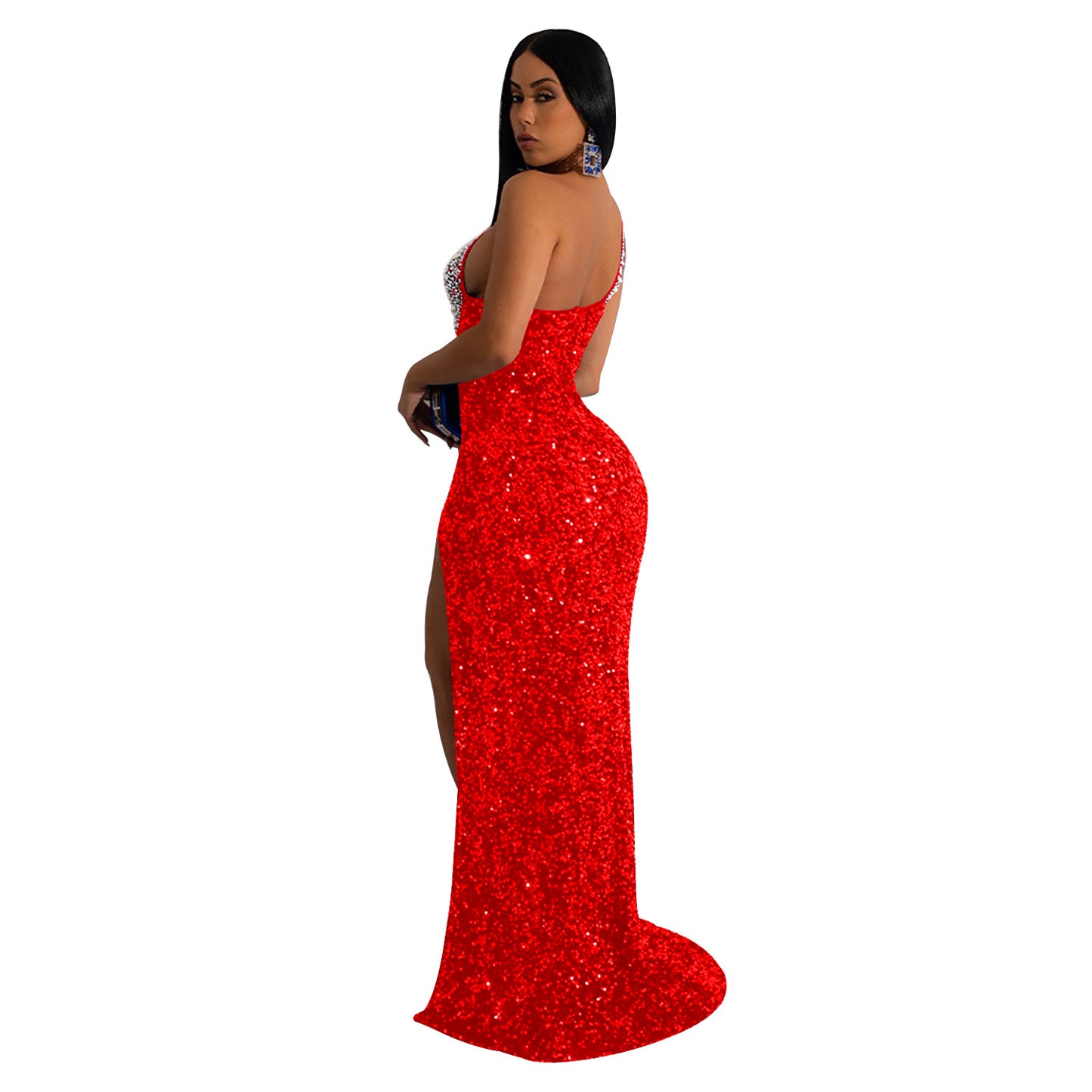 Fashion Women's Solid Color Rhinestone Sequin Sleeveless Long Dress