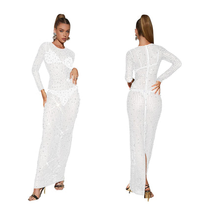 European and American Fashion Women's Solid Color Mesh Rhinestone Long Sleeve Long Dress