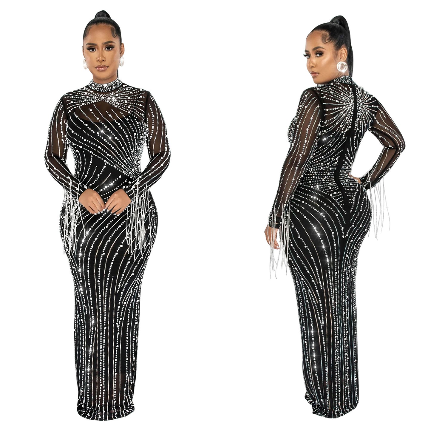 European and American Fashion Women's Clothing Mesh See-through Rhinestone Long Sleeve Long Dress Lined Two-piece Set