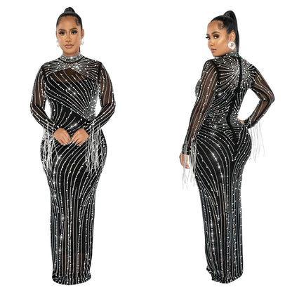 European and American Fashion Women's Clothing Mesh See-through Rhinestone Long Sleeve Long Dress Lined Two-piece Set