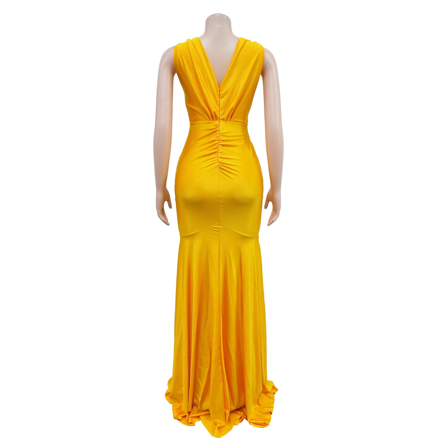 Fashion Women's Solid Color V-Neck Sleeveless Ruched Long Dress