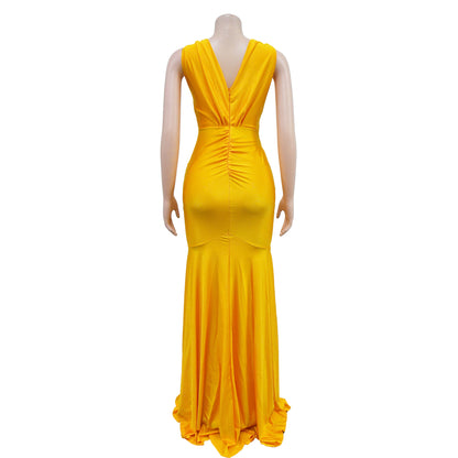 Fashion Women's Solid Color V-Neck Sleeveless Ruched Long Dress