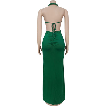 Fashion Women's Sexy Knitted Halter Backless Solid Color Dress