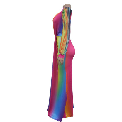European and American Fashion Women's Pleated Color Block Casual Long Dress