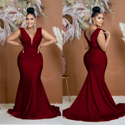 Fashion Women's Solid Color V-Neck Sleeveless Ruched Long Dress