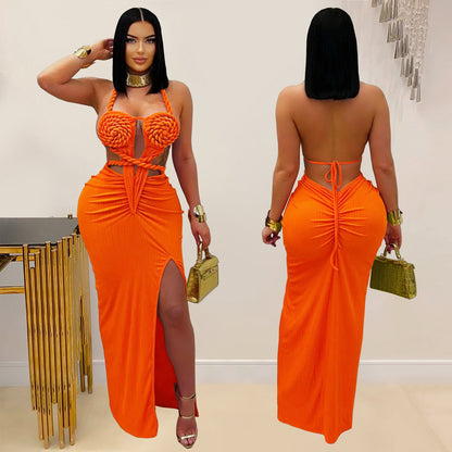 Fashion Women's Sexy Knitted Halter Backless Solid Color Dress