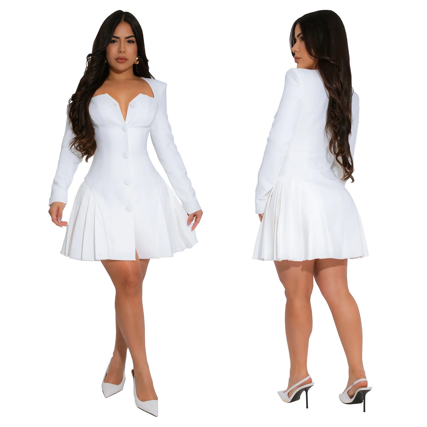 European and American Fashion Women's Elegant Deep V Long Sleeve Ruffled Short Dress