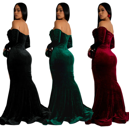 European and American Fashion Women's Solid Color Slit Evening Dress Low-Cut Dress New