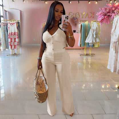 European and American Fashion Women's Casual Halter Neck Tie Top and Long Pants Two-Piece Set