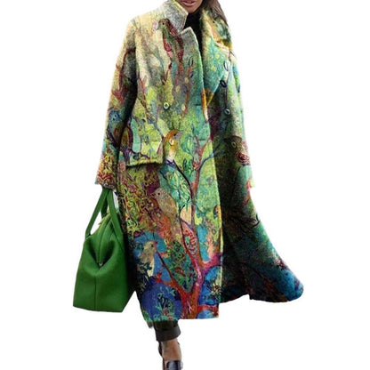 European and American Autumn Winter New Women's Loose Plus Size Printed Trench Coat with Turn-Down Collar Women's Coat