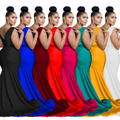 Fashion Women's Solid Color V-Neck Sleeveless Ruched Long Dress