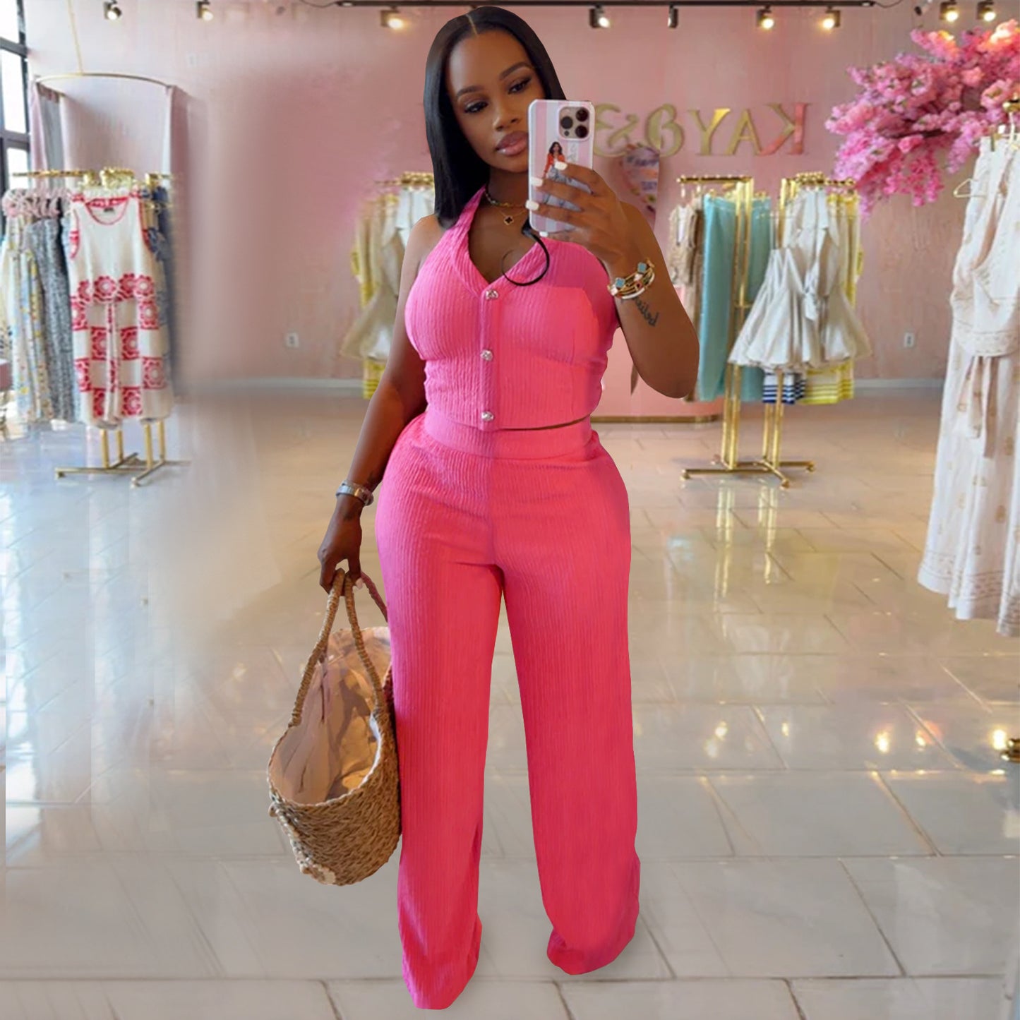 European and American Fashion Women's Casual Halter Neck Tie Top and Long Pants Two-Piece Set