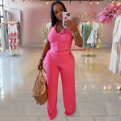 European and American Fashion Women's Casual Halter Neck Tie Top and Long Pants Two-Piece Set