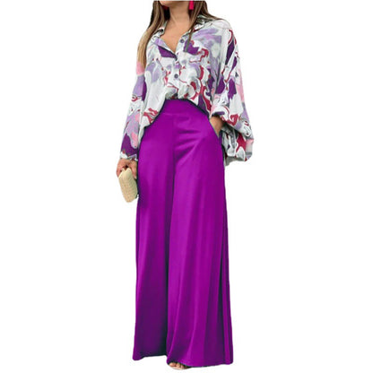 Summer Loose Plus Size Fashion Casual Printed Wide-Leg Pants Two-Piece Set