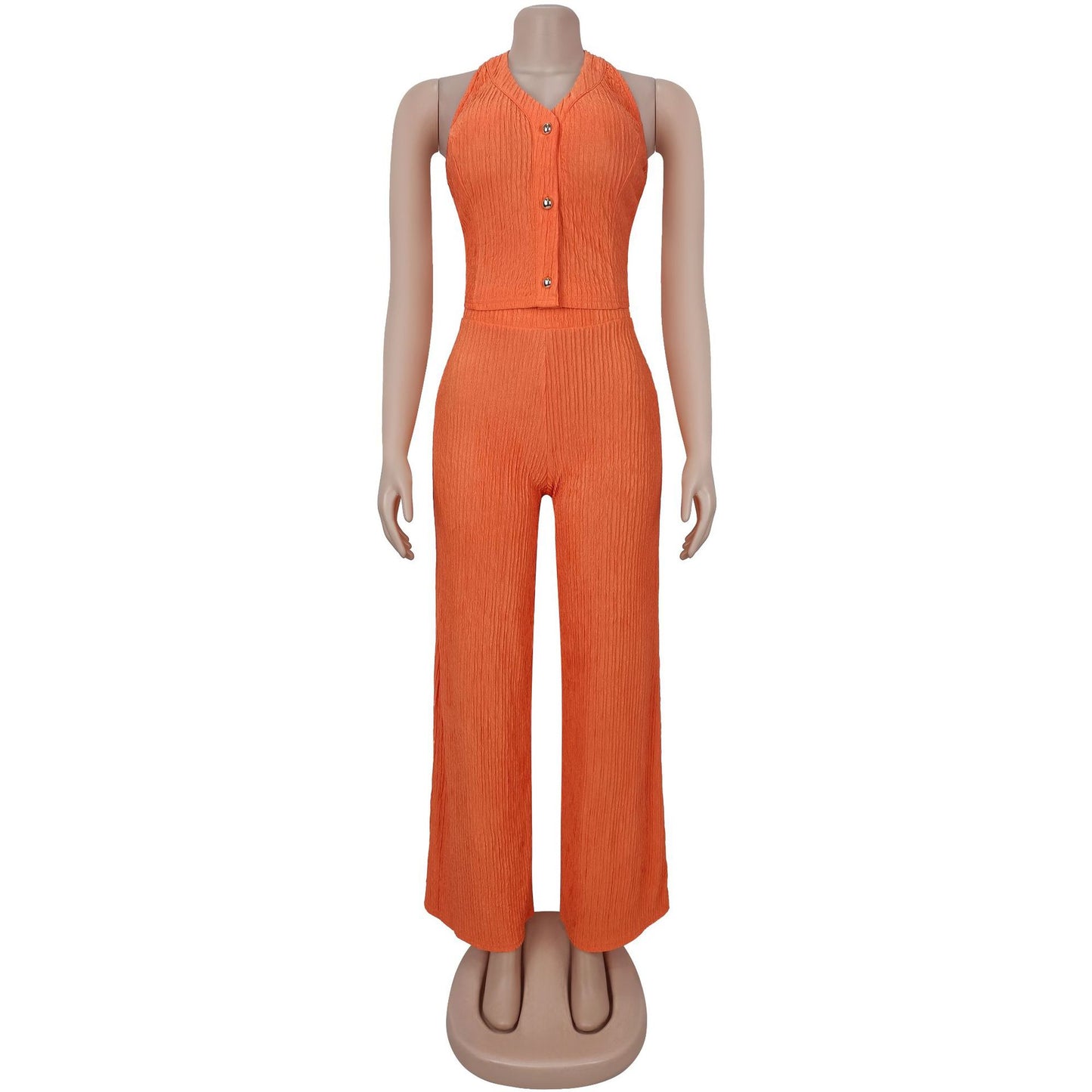 European and American Fashion Women's Casual Halter Neck Tie Top and Long Pants Two-Piece Set