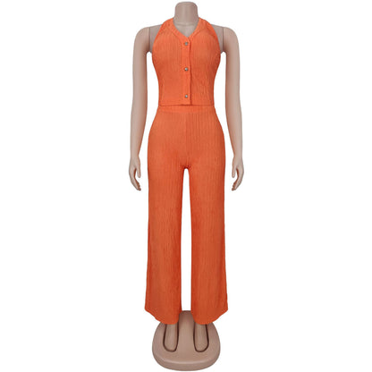 European and American Fashion Women's Casual Halter Neck Tie Top and Long Pants Two-Piece Set
