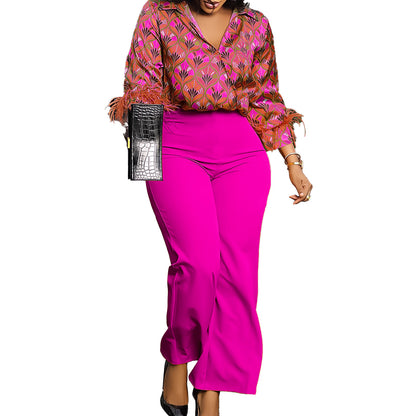 Printed Long Sleeve Shirt Elegant Wide Leg Pants Fashion Set