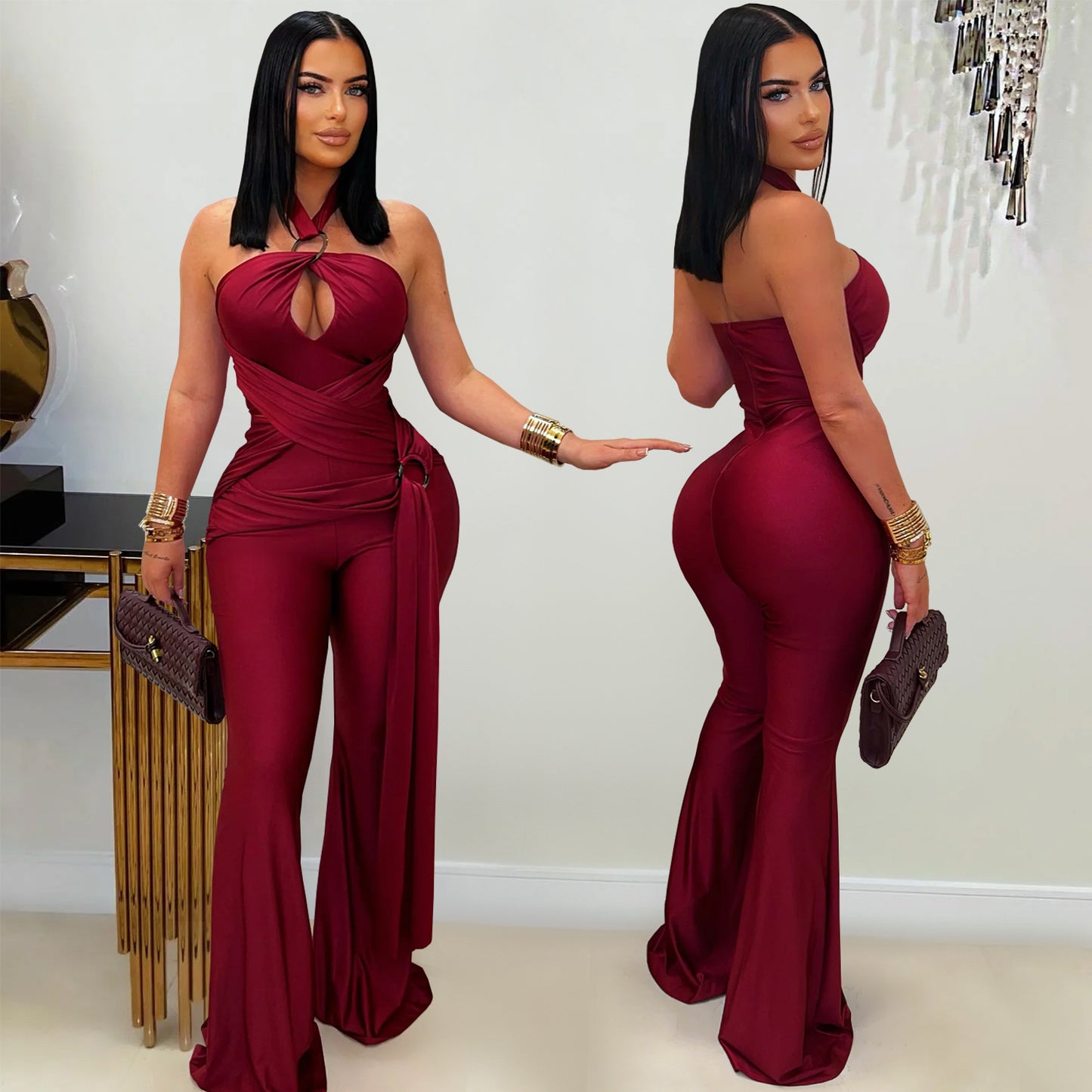 European and American Fashion Women's Solid Color Elegant Halter Neck Wide Leg Arm-Hugging Jumpsuit