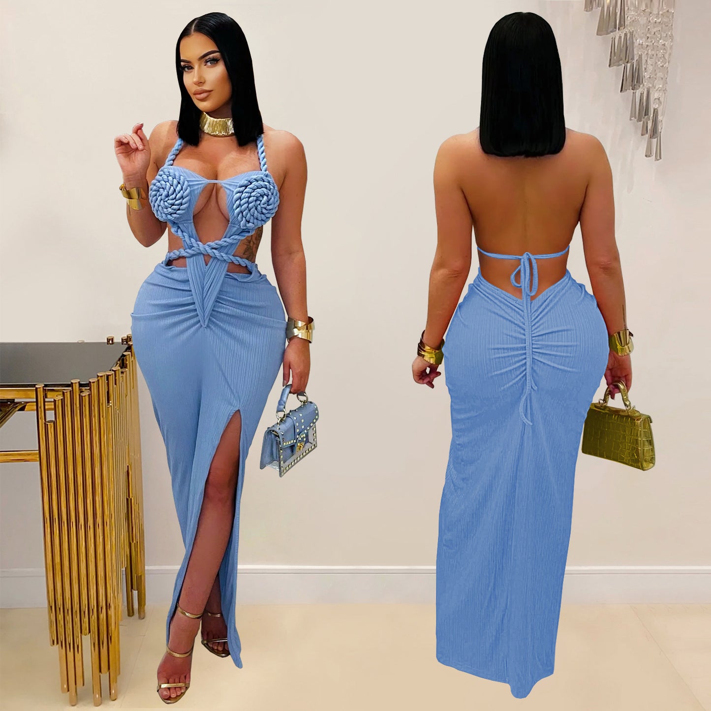 Fashion Women's Sexy Knitted Halter Backless Solid Color Dress