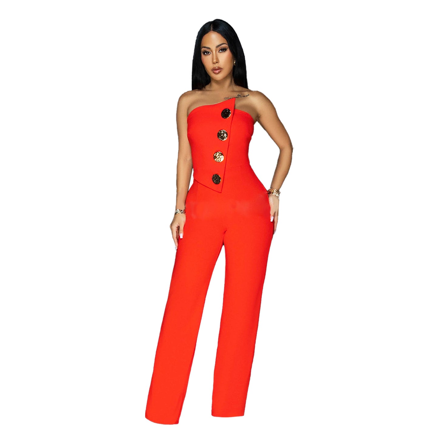 European and American Fashion Women's Sleeveless Button Jumpsuit Long Pants New