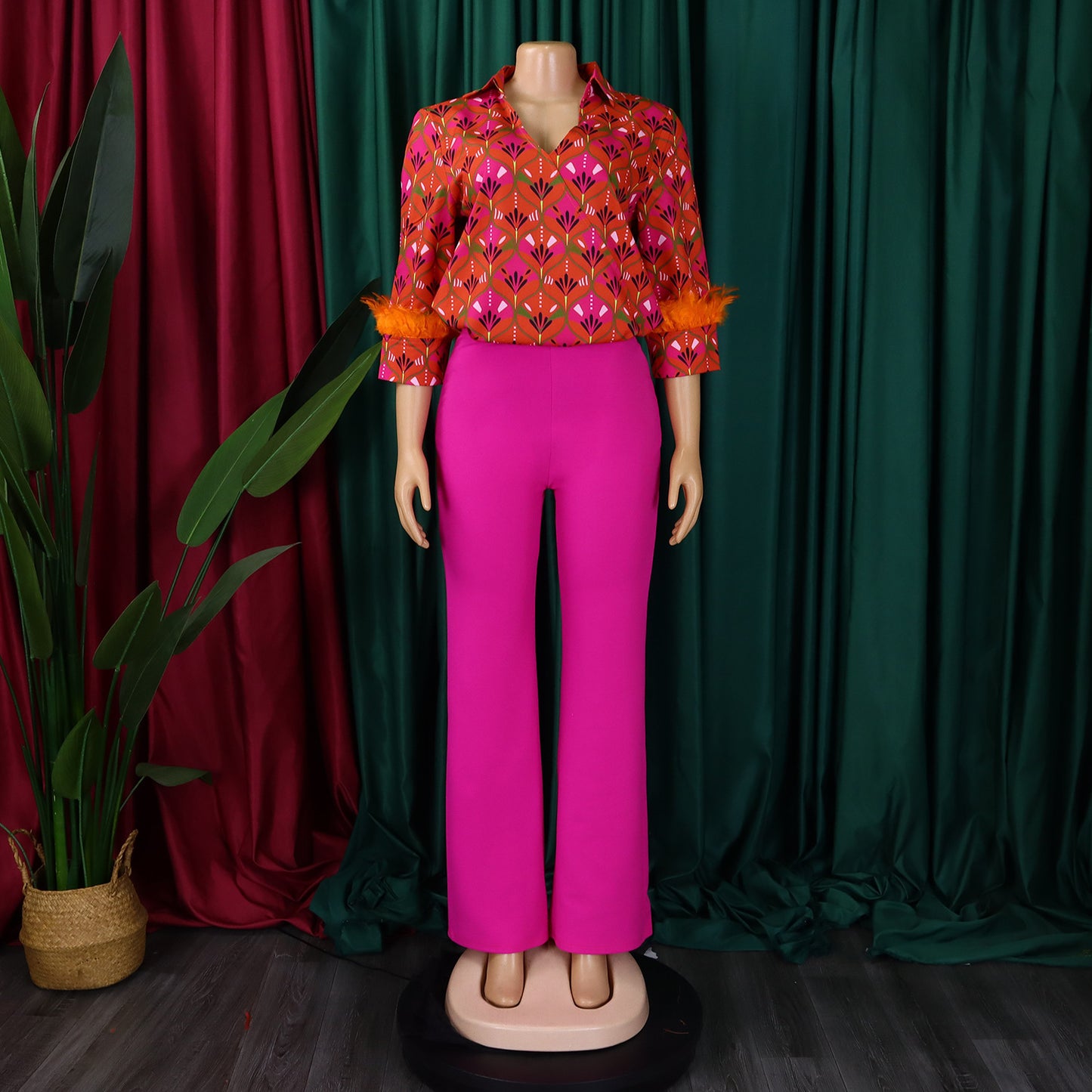 Printed Long Sleeve Shirt Elegant Wide Leg Pants Fashion Set