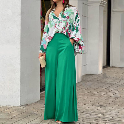 Summer Loose Plus Size Fashion Casual Printed Wide-Leg Pants Two-Piece Set