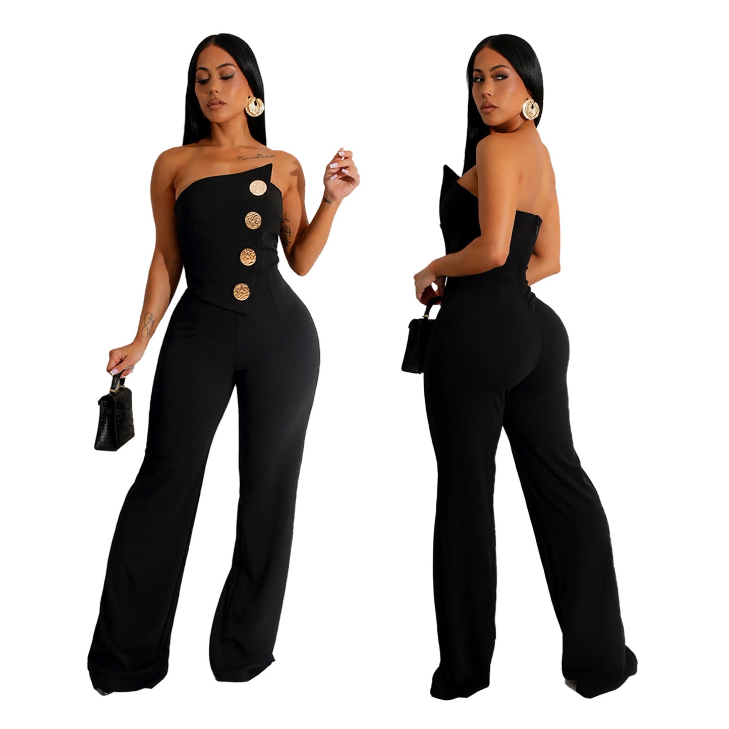 European and American Fashion Women's Sleeveless Button Jumpsuit Long Pants New