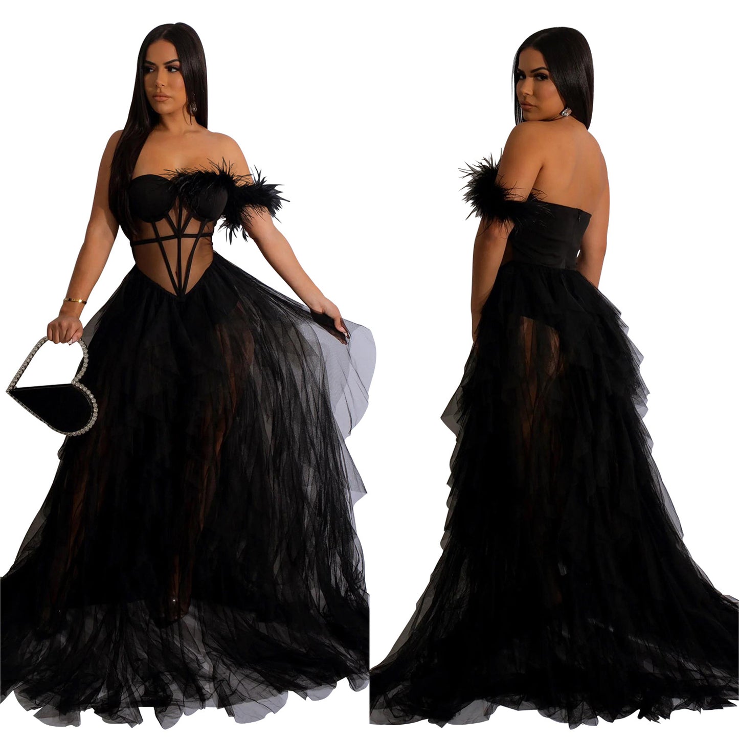 European and American Fashion Women's Solid Color Sleeveless Tube Top Mesh Long Dress