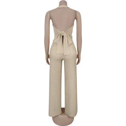 European and American Fashion Women's Casual Halter Neck Tie Top and Long Pants Two-Piece Set
