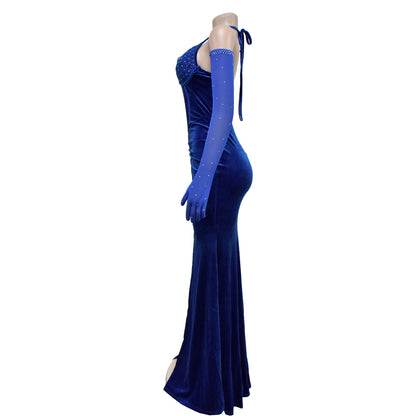 Fashion Women's Solid Color Halter Neck Slit Sexy Long Dress