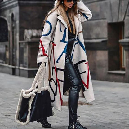 European and American Autumn Winter New Women's Loose Plus Size Printed Trench Coat with Turn-Down Collar Women's Coat