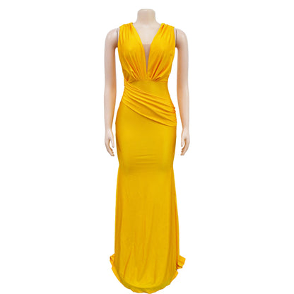 Fashion Women's Solid Color V-Neck Sleeveless Ruched Long Dress