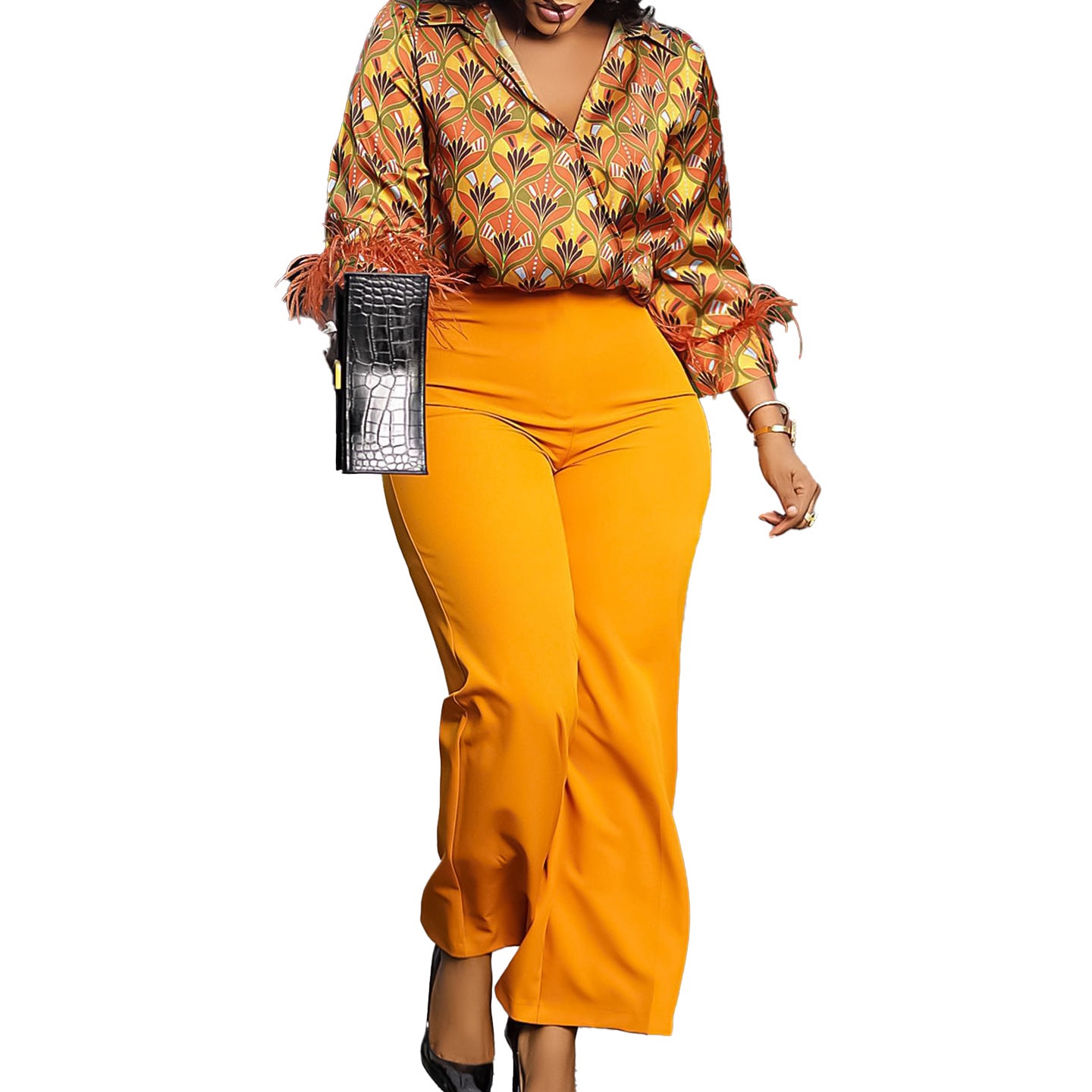 Printed Long Sleeve Shirt Elegant Wide Leg Pants Fashion Set